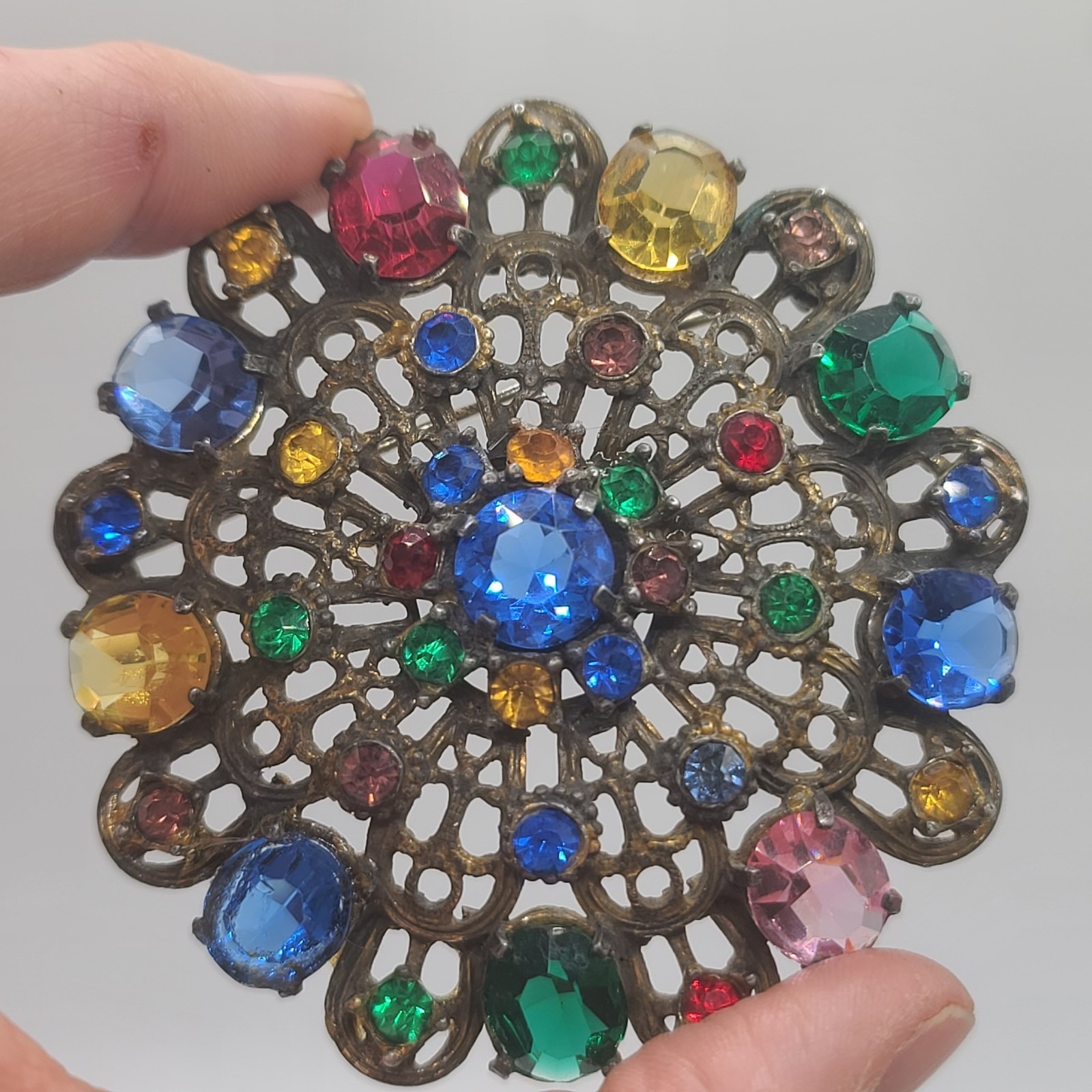 Vintage Czech Glass Brooch Large Art Nouveau Heavy Open Back
